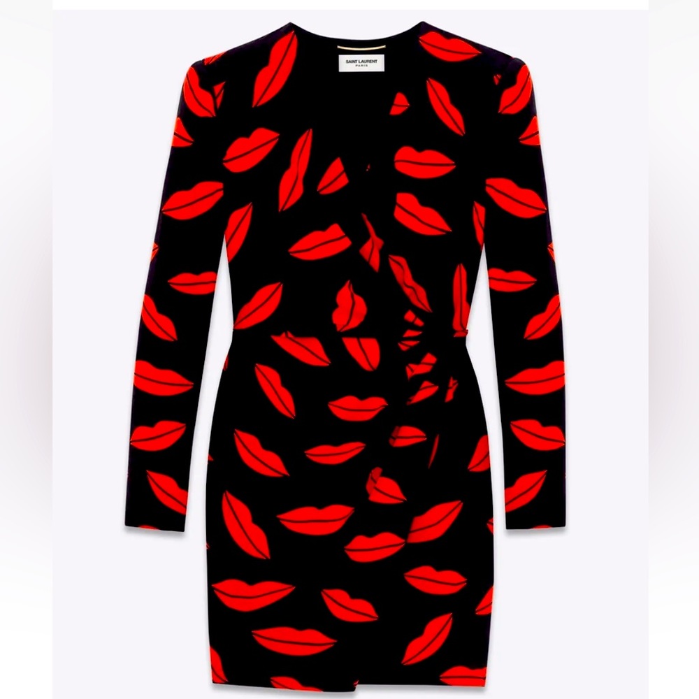 NWT SAINT LAURENT Crossover Dress Lips Printed Silk Georgette Size FR 38 / US 4